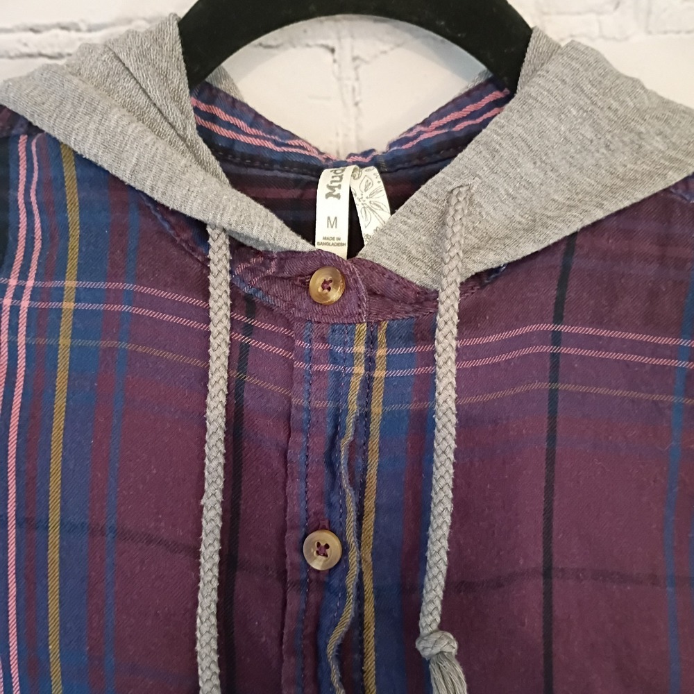 Womens MUDD Button Down Flannel Shirt With Hood Size Medium Purple Gray Y2K - Picture 2 of 6